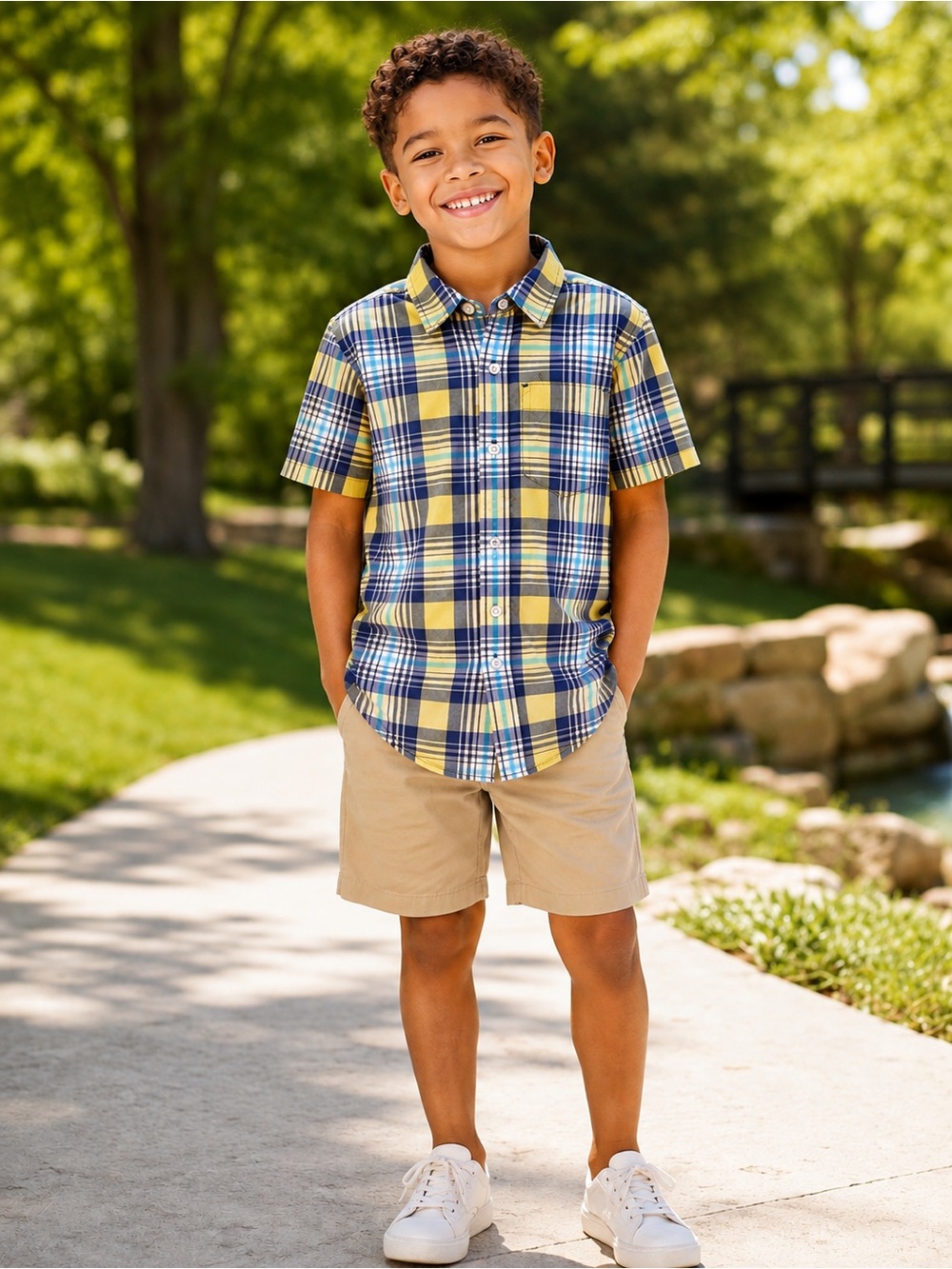 Gap Kids Boys Shirt Blue Yellow Plaid Short Sleeve Button Up Pocket Size S 6-7